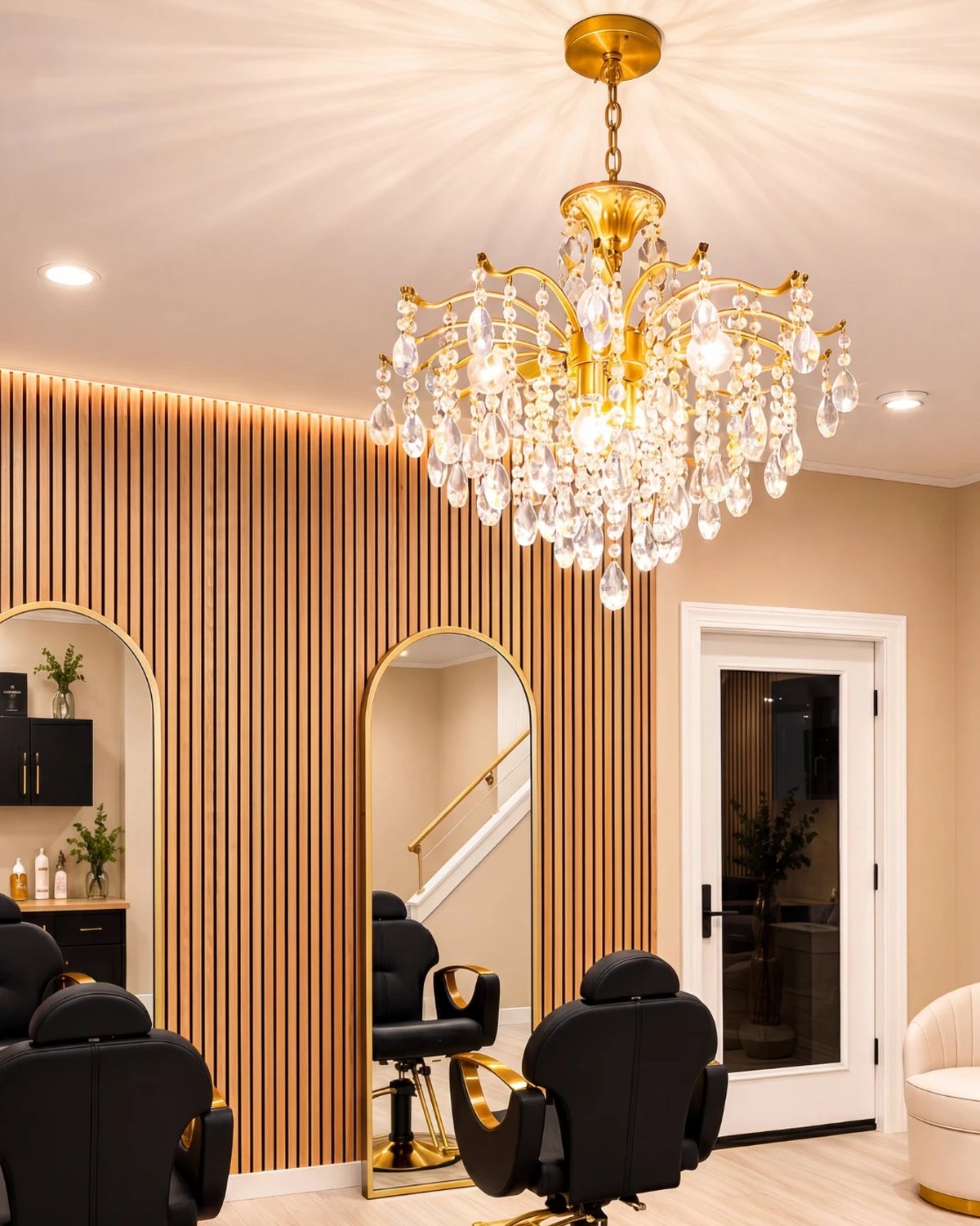 Inside Mag Luxe Studios: oak slat wall, gold arched mirrors, crystal chandelier and black leather styling chairs.