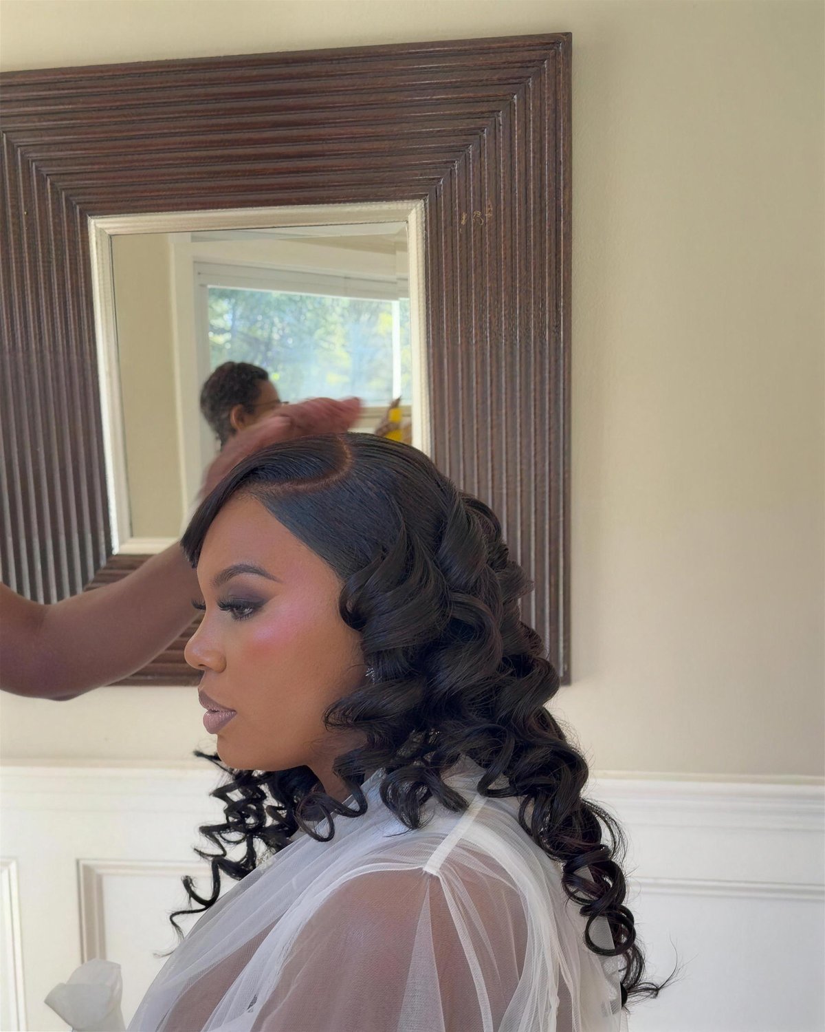Bridal curls and makeup, side profile, finishing touches.